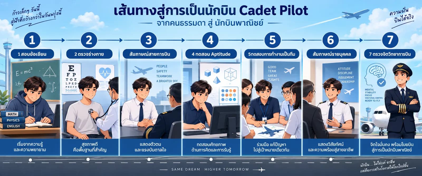 ผังเส้นทางสู่การเป็นนักบิน Cadet Pilot ทั้ง 7 ด่าน ตั้งแต่สอบข้อเขียน ตรวจร่างกาย สัมภาษณ์สายการบิน ทดสอบความถนัด ทำงานเป็นทีม สัมภาษณ์รายบุคคล จนถึงตรวจจิตวิทยาการบิน